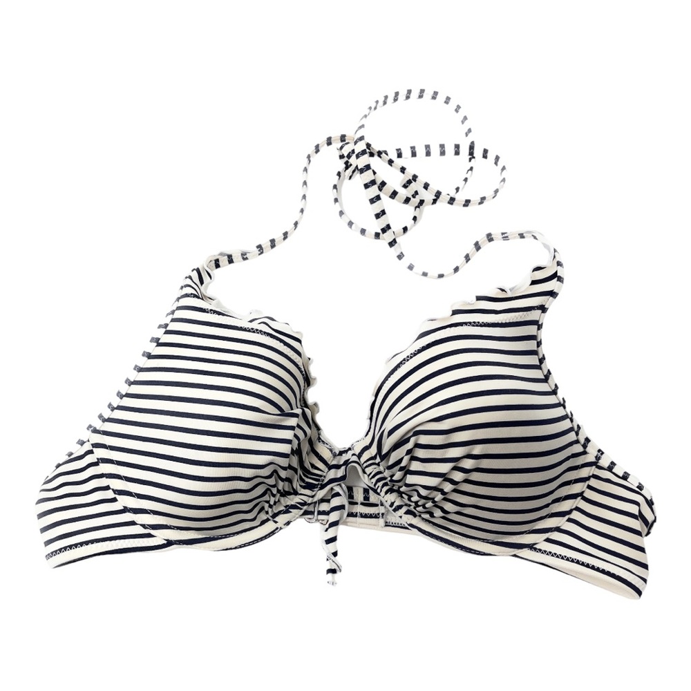 H&M Bikini Top 36B Striped Navy Blue Beige Halter Tie at Neck Underwire